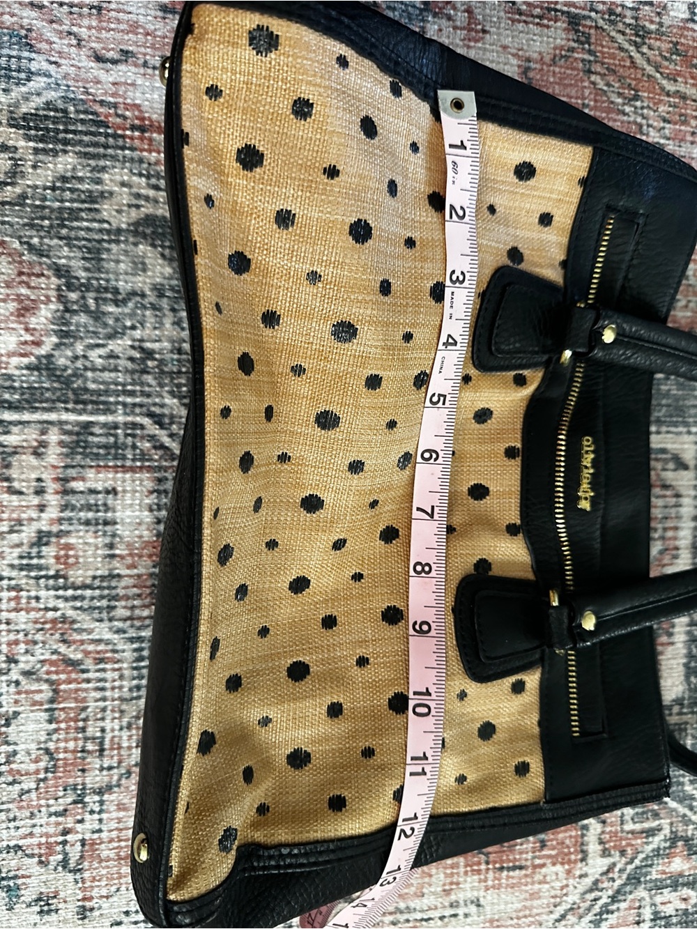 Olivia + Joy Tan Straw Tote with Black Polka Dots and Black Trim - Picture 6 of 9